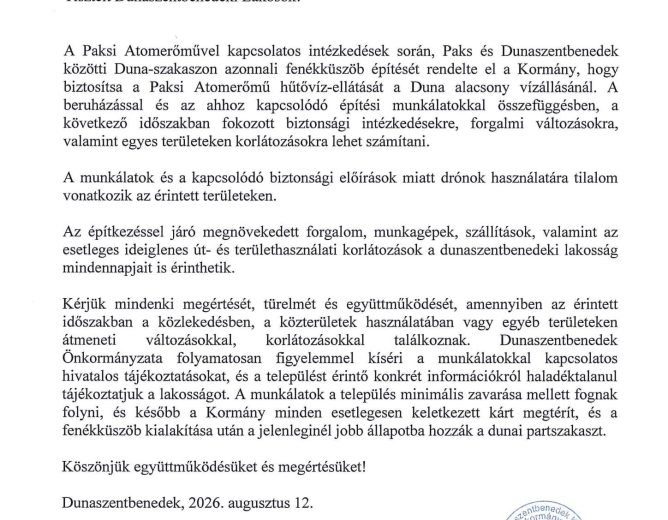 Tájékoztatás Dunaszentbenedeket éríntő munkálatokról!